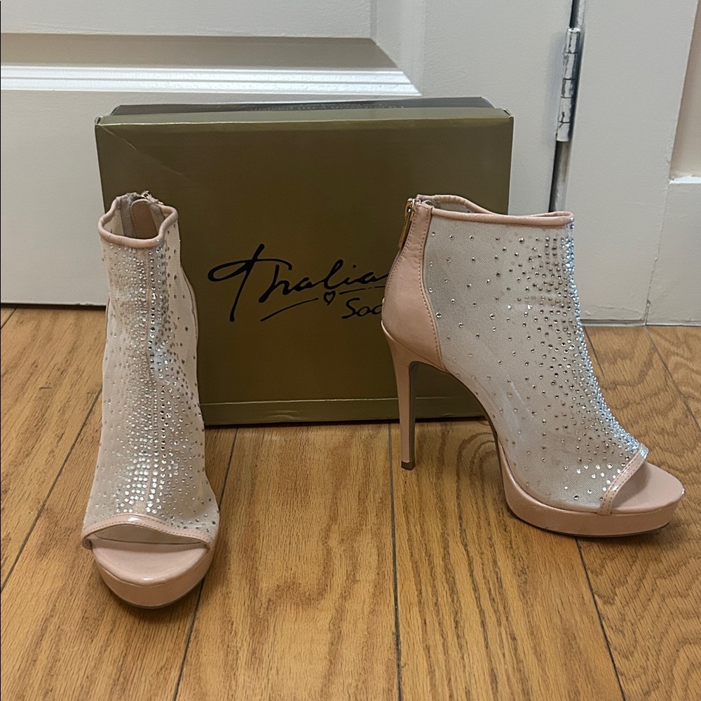 Thalia Sodi Blush Peep-Toe Heels with Rhinestones